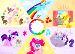 Size: 2308x1663 | Tagged: safe, artist:raystarkitty, applejack, fluttershy, pinkie pie, rainbow dash, rarity, spike, twilight sparkle, bird, butterfly, earth pony, pegasus, pony, raccoon, squirrel, unicorn, g4, the cutie mark chronicles, the cutie re-mark, baby, baby spike, egg, female, filly, filly applejack, filly fluttershy, filly mane six, filly pinkie pie, filly rainbow dash, filly rarity, filly twilight sparkle, foal, geode, mane seven, mane six, open mouth, open smile, smiling, sonic rainboom, spike's egg, starry eyes, wingding eyes, younger