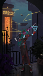 Size: 1694x3000 | Tagged: safe, artist:dogs, derpibooru exclusive, oc, oc only, unicorn, anthro, anthro oc, balcony, building, clothes, cyberpunk, female, gun, photoshop, rifle, scenery, skirt, solo, weapon