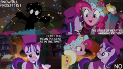 Size: 2000x1125 | Tagged: safe, edit, edited screencap, editor:quoterific, screencap, pinkie pie, snowfall frost, spirit of hearth's warming presents, starlight glimmer, earth pony, pony, unicorn, a hearth's warming tail, g4, candy, clothes, confetti, confused, duo, duo female, female, food, frock coat, glowing, glowing eyes, gritted teeth, hat, jabot, mare, open mouth, open smile, pinkie being pinkie, present, shirt, silhouette, smiling, teeth, top hat