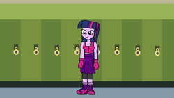 Size: 1920x1080 | Tagged: safe, artist:platinumdrop, twilight sparkle, human, equestria girls, g4, boxing gloves, lockers, request, solo