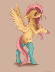 Size: 2312x3012 | Tagged: safe, artist:miokomata, fluttershy, pegasus, pony, g4, aside glance, beige background, bipedal, blushing, chest fluff, clothes, colored hooves, cute, female, floppy ears, freckles, freckleshy, high res, looking at you, mare, shyabetes, silly, simple background, smiling, smiling at you, socks, solo, spread wings, tongue out, wings