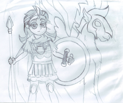 Size: 3000x2536 | Tagged: safe, artist:pokecure123, zephyr, classical hippogriff, hippogriff, human, equestria girls, g4, ancient greece, armor, background human, cape, clothes, high res, hoplite, shield, spear, traditional art, weapon