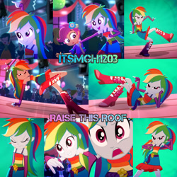 Size: 3072x3072 | Tagged: safe, edit, edited screencap, editor:itsmgh1203, screencap, aqua blossom, blueberry cake, cloudy kicks, golden hazel, heath burns, indigo wreath, mystery mint, nolan north, rainbow dash, rose heart, scootaloo, sophisticata, sweet leaf, teddy t. touchdown, human, equestria girls, g4, my little pony equestria girls: summertime shorts, raise this roof, armpits, arms in the air, background human, bare shoulders, belt, boots, breakdancing, canterlot high, clothes, cutie mark on clothes, dancing, draw me like one of your french girls, dress, eyes closed, faic, fall formal outfits, female, fingerless gloves, gloves, hands in the air, high res, male, night, open mouth, open smile, outfit, rainbow dash always dresses in style, rainbow dash is best facemaker, shoes, sleeveless, sleeveless dress, smiling, smirk, smug, smugdash, solo focus, speaker, strapless, suit, text