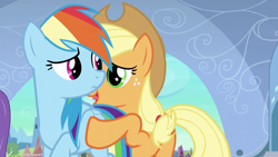 Size: 1920x1080 | Tagged: safe, screencap, applejack, rainbow dash, earth pony, pegasus, pony, g4, the crystal empire, applejack's hat, cowboy hat, duo, duo female, female, hat