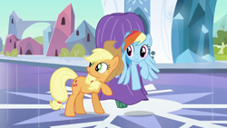 Size: 1920x1080 | Tagged: safe, screencap, applejack, rainbow dash, earth pony, pegasus, pony, g4, the crystal empire, applejack's hat, cowboy hat, duo, duo female, female, hat