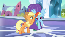 Size: 1280x720 | Tagged: safe, screencap, applejack, rainbow dash, earth pony, pegasus, pony, g4, the crystal empire, applejack's hat, cowboy hat, duo, duo female, female, hat, whispering