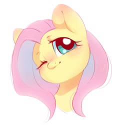 Size: 992x1067 | Tagged: safe, artist:melodylibris, fluttershy, pegasus, pony, g4, aside glance, blushing, bust, cute, daaaaaaaaaaaw, ear blush, female, head tilt, looking at you, mare, one eye closed, portrait, shyabetes, simple background, solo, three quarter view, white background