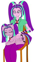 Size: 1700x3000 | Tagged: safe, artist:happyb0y95, aria blaze, earth pony, human, pony, equestria girls, g4, ariabetes, behaving like a dog, chair, cute, duo, eyebrows, eyelashes, eyes closed, female, floppy ears, gem, human ponidox, jewelry, long hair, looking down, mare, necklace, pat, patting, pet, pigtails, self paradox, self ponidox, simple background, siren gem, sitting, smiling, stars, twintails, white background, wristband