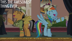 Size: 2000x1125 | Tagged: safe, edit, edited screencap, editor:quoterific, screencap, quibble pants, rainbow dash, earth pony, pegasus, pony, g4, stranger than fan fiction, clothes, cosplay, costume, duo, duo male and female, eyes closed, female, happy, hat, male, mare, open mouth, open smile, raised hoof, smiling, stallion