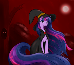 Size: 3055x2680 | Tagged: safe, artist:renarde-louve, twilight sparkle, pony, g4, cloak, clothes, female, hat, high res, impossibly long tail, long mane, long tail, mare in the moon, moon, solo, tail, witch hat