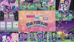 Size: 1280x721 | Tagged: safe, edit, edited screencap, editor:quoterific, screencap, apple bloom, applejack, discord, fluttershy, pinkie pie, rainbow dash, rarity, scootaloo, sweetie belle, twilight sparkle, human, equestria girls, g4, perfect day for fun, amusement park, bass guitar, belt, boots, clothes, cowboy boots, cowboy hat, cutie mark crusaders, drums, electric guitar, guitar, hat, high heel boots, jacket, keyboard, microphone, musical instrument, phone, ponied up, shirt, shoes, skirt, socks, song, tambourine, vest