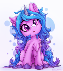 Size: 1567x1749 | Tagged: safe, artist:zeepheru_pone, izzy moonbow, pony, unicorn, g5, cheek fluff, chest fluff, cute, ear fluff, female, fluffy, full face view, head tilt, horn, izzybetes, looking at you, mare, open mouth, sitting, snow, snow on nose, solo, unshorn fetlocks