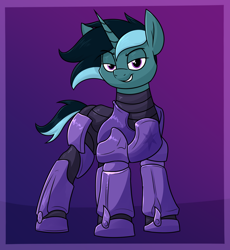 Size: 1348x1466 | Tagged: safe, artist:moonatik, oc, oc only, oc:sol nightshade, pony, unicorn, new lunar millennium, abstract background, alternate timeline, armor, horn, looking at you, male, nightmare takeover timeline, power armor, smiling, solo, stallion, unicorn oc