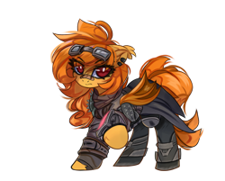 Size: 4096x3294 | Tagged: safe, artist:jfrxd, oc, oc only, oc:pumpkin spice, bat pony, pony, 2023 community collab, derpibooru community collaboration, fallout equestria, bat pony oc, clothes, ear fluff, ear piercing, earring, female, goggles, high res, jewelry, piercing, pipbuck, simple background, solo, transparent background