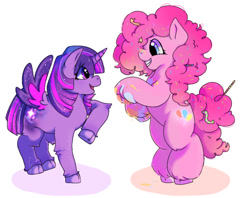 Size: 640x508 | Tagged: safe, artist:littledemo0n, pinkie pie, twilight sparkle, alicorn, pony, g4, cute, diapinkes, duo, duo female, female, glowing cutie mark, horn, looking at each other, looking at someone, shadow, twiabetes, twilight sparkle (alicorn)