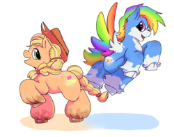 Size: 640x508 | Tagged: safe, artist:littledemo0n, applejack, rainbow dash, earth pony, pegasus, pony, g4, applejack's hat, cowboy hat, cute, dashabetes, duo, duo female, female, flying, glowing cutie mark, hat, jackabetes, looking at each other, looking at someone, raised hoof, redesign
