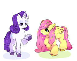 Size: 640x508 | Tagged: safe, artist:littledemo0n, fluttershy, rarity, pegasus, pony, unicorn, g4, cute, duo, duo female, female, looking at each other, looking at someone, raised hoof, raribetes, shadow, shyabetes, simple background, white background