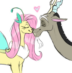 Size: 540x549 | Tagged: safe, artist:yubov, discord, fluttershy, draconequus, g4, draconequified, duo, duo male and female, eyebrows, eyes closed, female, flutterequus, heart, kissing, male, mismatched horns, nose kiss, ship:discoshy, shipping, simple background, smiling, species swap, straight, white background