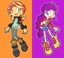 Size: 1920x1728 | Tagged: safe, artist:rvceric, sunny starscout, sunset shimmer, human, equestria girls, g4, g5, equestria girls-ified, female, orange background, purple background, simple background
