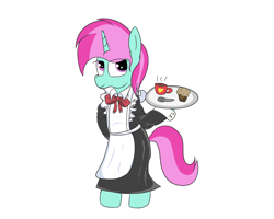 Size: 2000x1600 | Tagged: safe, artist:amateur-draw, oc, oc only, oc:belle boue, pony, unicorn, bipedal, clothes, crossdressing, food, horn, maid, male, muffin, simple background, solo, stallion, tea, unicorn oc, white background