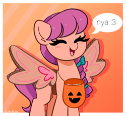 Size: 2132x1980 | Tagged: safe, artist:kittyrosie, edit, editor:dematrix-edit, sunny starscout, earth pony, pony, g5, :3, candy, cardboard wings, clothes, costume, cute, daaaaaaaaaaaw, dialogue, eyes closed, fake wings, food, halloween, holiday, nightmare night, nightmare night costume, nya, open mouth, pumpkin bucket, smiling, solo, speech bubble, standing, sunnybetes, text edit, trick or treat