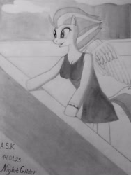 Size: 3000x4000 | Tagged: artist needed, safe, night glider, anthro, unguligrade anthro, g4, arm hooves, breasts, clothes, dress, female, grayscale, mare, monochrome, pencil drawing, sleeveless, sleeveless dress, smiling, solo, traditional art