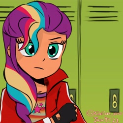 Size: 4096x4096 | Tagged: safe, artist:glim_gg, sunny starscout, human, equestria girls, g4, g5, equestria girls-ified, female, g5 to equestria girls, g5 to g4, generation leap, i can't believe it's not idw, lockers, mane stripe sunny, solo