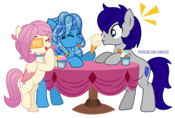 Size: 1000x675 | Tagged: safe, artist:jennieoo, oc, oc only, oc:gentle star, oc:maverick, oc:ocean soul, earth pony, pegasus, pony, bipedal, cafe, cute, earth pony oc, eyepatch, female, food, friends, happy, ice cream, ice cream cone, laughing, male, mare, ocbetes, pegasus oc, shocked, simple background, smiling, stallion, table, tongue out, transparent background, trio, vector