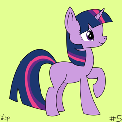 Size: 1800x1800 | Tagged: safe, artist:lucytwostickz, twilight sparkle, pony, unicorn, g4, blank flank, female, raised hoof, simple background, solo, unicorn twilight, yellow background