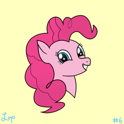 Size: 1600x1600 | Tagged: safe, artist:lucytwostickz, pinkie pie, earth pony, pony, g4, bust, female, simple background, solo, yellow background