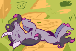 Size: 2400x1600 | Tagged: safe, artist:papacruda09, oleander (tfh), classical unicorn, pony, unicorn, them's fightin' herds, cloven hooves, community related, earth, female, grass, happy, horn, leonine tail, lying down, mare, on back, raised hoof, simple background, sleeping, slender, solo, thin, unshorn fetlocks