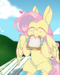 Size: 893x1112 | Tagged: safe, artist:pagophasia, derpibooru exclusive, fluttershy, pegasus, pony, g4, blushing, bread, cloud, colored hooves, cute, daaaaaaaaaaaw, daffodil and daisy sandwich, day, eating, eyes closed, female, floating heart, flower, food, grass, happy, heart, herbivore, hoof hold, impossibly long eyelashes, nom, picnic blanket, sandwich, shyabetes, sitting, smiling, solo, unshorn fetlocks, wings
