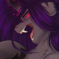 Size: 2048x2048 | Tagged: safe, artist:enderbee, oc, oc:enderbee, pony, unicorn, angry, bust, fangs, glowing, glowing eyes, glowing horn, high res, horn, long hair, magic, portrait, purple hair, red eyes, solo, tongue out, unicorn oc