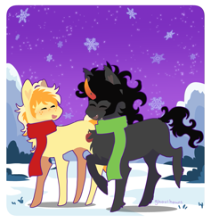 Size: 853x898 | Tagged: safe, artist:ghoulhowls, braeburn, king sombra, earth pony, pony, umbrum, unicorn, g4, chibi, clothes, gay, happy, male, night, scarf, shipping, snow, snowfall, snowflake, sombraeburn, winter