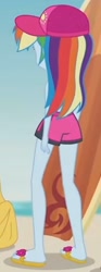 Size: 535x1444 | Tagged: safe, screencap, rainbow dash, human, blue crushed, equestria girls, g4, my little pony equestria girls: better together, ass, beach shorts swimsuit, bikini, butt, cap, clothes, cropped, hat, legs, rainbow dash's beach shorts swimsuit, rainbutt dash, sandals, surfboard, swimsuit