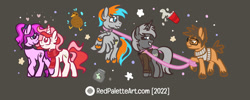 Size: 1280x513 | Tagged: safe, artist:redpalette, oc, oc only, oc:drawing blanks, oc:octal overflow, oc:red palette, oc:shade flash, oc:violet ray, earth pony, kiwi, pegasus, pony, unicorn, clothes, convention, couple, cute, earth pony oc, freckles, horn, leash, pegasus oc, scarf, smiling, trotting, unicorn oc