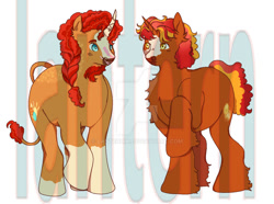 Size: 1024x762 | Tagged: safe, artist:lanternik, sunburst, sunset shimmer, pony, unicorn, g4, chest fluff, coat markings, deviantart watermark, duo, female, male, mare, obtrusive watermark, raised hoof, redesign, redesign looks like oc, socks (coat markings), stallion, watermark