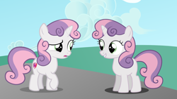 Size: 1920x1080 | Tagged: safe, sweetie belle, pony, unicorn, g4, blank flank, confused, dhx puppet, double rainboom puppet, duo, female, filly, foal, grin, looking at each other, looking at someone, self paradox, self ponidox, smiling