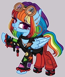 Size: 920x1080 | Tagged: safe, artist:justsadluna, rainbow dash, pegasus, pony, g4, alternate hairstyle, choker, clothes, ear piercing, earring, eyelashes, female, goggles, jewelry, mare, necklace, piercing, raised hoof, simple background, solo, wings