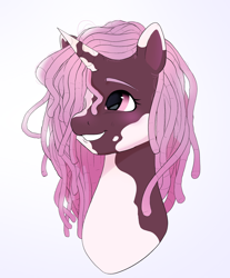 Size: 1696x2048 | Tagged: safe, artist:aztrial, idw, violette rainbow, pony, unicorn, g5, spoiler:comic, spoiler:g5comic, spoiler:g5comic14, blushing, coat markings, dreadlocks, female, grin, mare, markings, pinto, simple background, smiling, solo, that was fast, vitiligo, white background