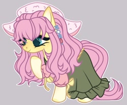 Size: 1280x1067 | Tagged: safe, artist:justsadluna, fluttershy, pegasus, pony, g4, clothes, dress, eyelashes, female, hat, mare, raised hoof, simple background, smiling, socks, solo