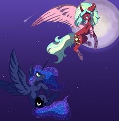 Size: 2335x2374 | Tagged: safe, artist:brybrychan, princess luna, oc, alicorn, pony, g4, alicorn oc, duo, ethereal mane, female, flying, full moon, grin, high res, horn, looking up, mare, moon, night, shooting star, slender, smiling, starry mane, thin, wings
