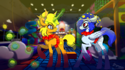 Size: 1790x1008 | Tagged: safe, artist:brybrychan, pegasus, pony, unicorn, daycare, five nights at freddy's, five nights at freddy's: security breach, glowing, glowing horn, hat, horn, indoors, magic, ponified, telekinesis