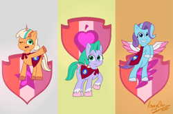 Size: 2295x1510 | Tagged: safe, artist:ismazhecat, glory (g5), peach fizz, seashell (g5), earth pony, pegasus, pony, unicorn, g5, bipedal, cape, clothes, cutie mark crusaders, female, filly, foal, glory and her heroine, happy, looking at you, mare, one eye closed, one eye open, peach fizz and her heroine, pippsqueak trio, pippsqueaks, seashell and her heroine, smiling, spread wings, wings