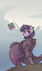 Size: 1024x1707 | Tagged: safe, artist:whitepone, spike, twilight sparkle, pony, robot, unicorn, g4, clothes, crossover, destiny, female, ghost (destiny), mare, unicorn twilight