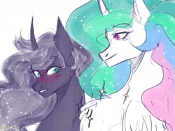Size: 1280x960 | Tagged: safe, artist:kaifeather, princess celestia, princess luna, alicorn, pony, g4, blushing, chest fluff, chest fluff envy, duo, duo female, female, fluffy, freckles, girl staring at guy's chest, meme, ponified meme, royal sisters, siblings, simple background, sisters, white background