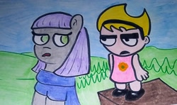 Size: 2159x1276 | Tagged: safe, artist:dex stewart, maud pie, earth pony, human, pony, g4, mandy, the grim adventures of billy and mandy, traditional art