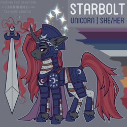 Size: 3000x3000 | Tagged: safe, artist:tay-niko-yanuciq, oc, oc only, oc:starbolt, pony, unicorn, armor, body armor, high res, horn, leg armor, long mane, long tail, pronouns, reference sheet, slender, solo, tail, thin, unicorn oc