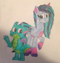 Size: 2333x2448 | Tagged: safe, artist:mlptmntfan2000, misty brightdawn, sparky sparkeroni, dragon, pony, unicorn, g4, g5, duo, g5 to g4, generation leap, high res, traditional art, unshorn fetlocks, wings