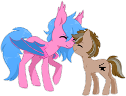 Size: 1106x839 | Tagged: safe, artist:emypony, oc, oc only, oc:crucible, oc:inlux, bat pony, earth pony, pony, bat pony oc, colt, cute, cute little fangs, duo, earth pony oc, fangs, female, foal, male, mare, nuzzling, simple background, smiling, transparent background